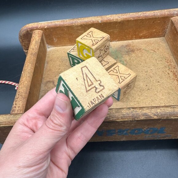 Vintage Playskool Wooden Wagon Pull Toy Blocks Rope Handle 1960s Mid Century - Picture 10 of 13